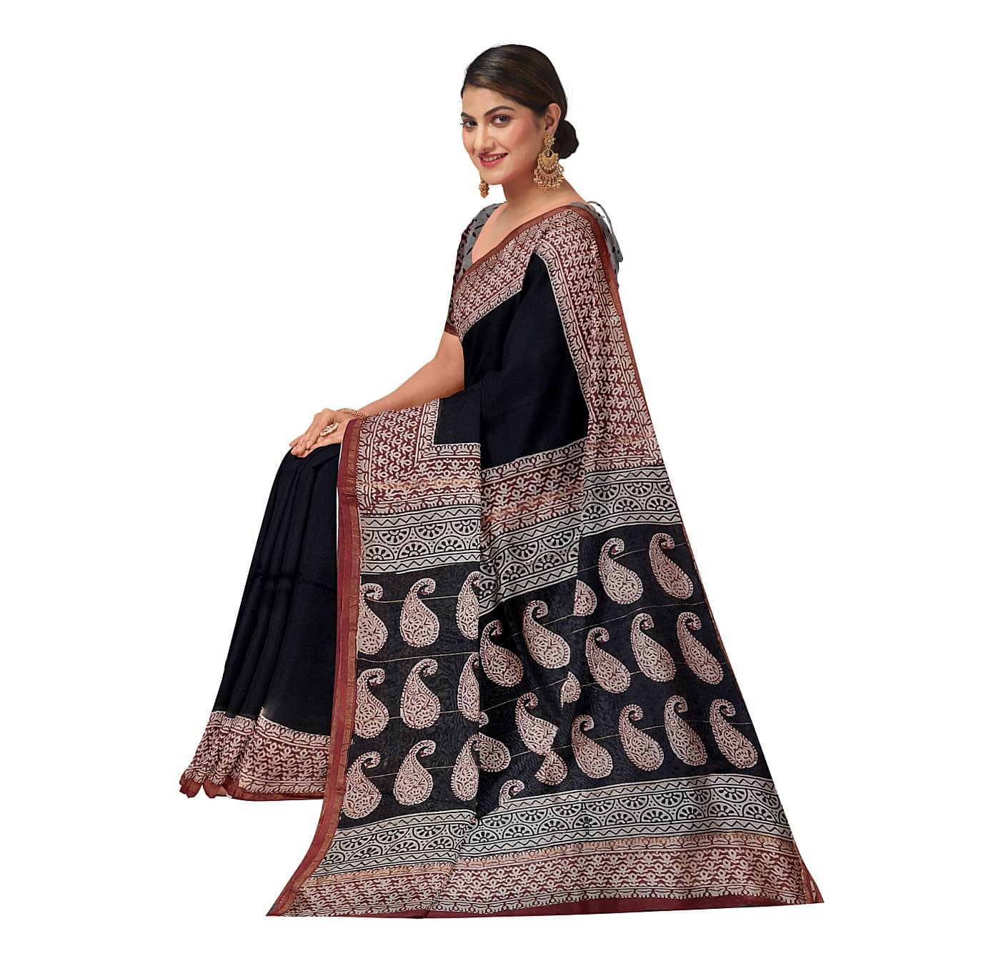 Block Print Chanderi Silk cotton Saree in Black